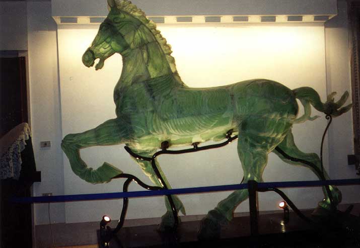 A glass horse in the waiting area of the Murano Glass showroom in Venice, Italy