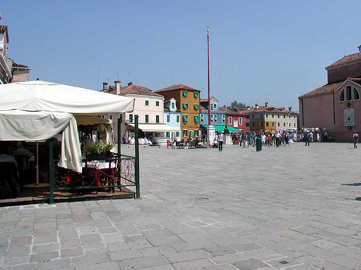 The main piazza on the island of Burano in the Venice lagoon in Venice, Italy